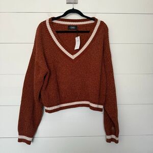 Cider Women’s Large Brown White Vneck Sweater New